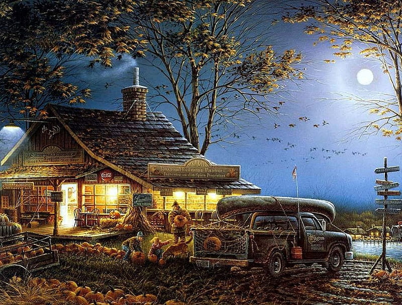 Terry Redlin. Autumn Traditions, art, autumn, painting, terry redlin, night, HD wallpaper