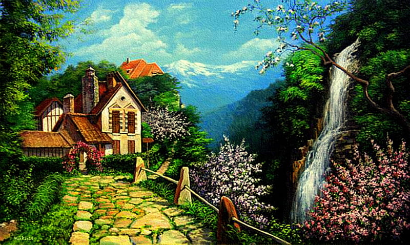 Alpine Allure, fence, cottages, mountains, houses, flowers, waterfall, trees, cobblestone path, HD wallpaper