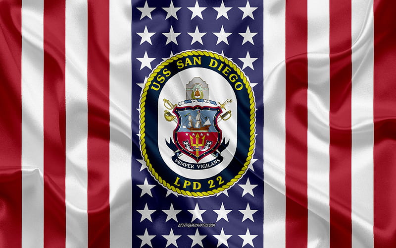 USS San Diego Emblem, LPD-22, American Flag, US Navy, USA, USS San Diego Badge, US warship, Emblem of the USS San Diego, HD wallpaper
