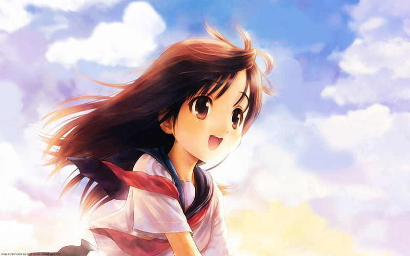 Wishful Happiness, brown, happiness, bonito, smile, sky, clouds, happy, cute, school, hair, girl, uniform, anime, beauty, eyes, dream, HD wallpaper