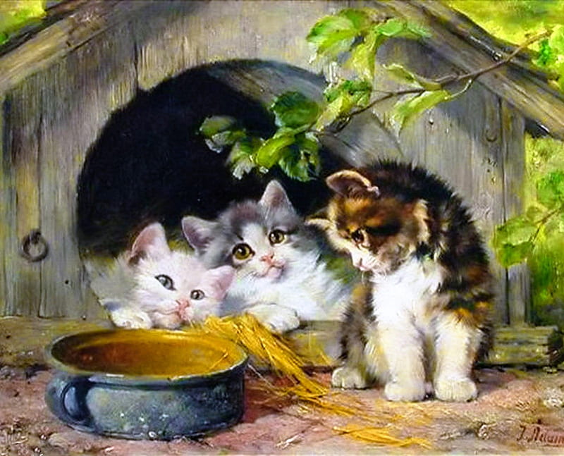 Cute kittens in the yard, pretty, house, fluffy, bonito, adorable, sweet, nice, painting, kitties, friends, playing, art, lovely, kittens, pets, yard, cute, tree, cats, HD wallpaper