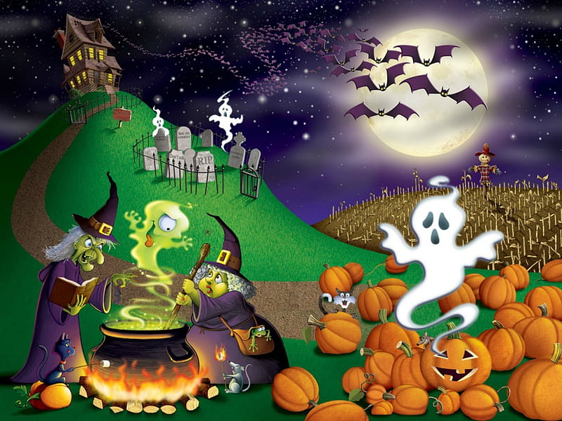 Halloween Eve, house, bats, witches, mice, book, spider, moon, fences, full moon, path, witch hats, Halloween, hill, caldron, stars, hats, tombstones, corn field, sign, scarecrow, frog, fire, ghosts, cats, pumpkins, HD wallpaper