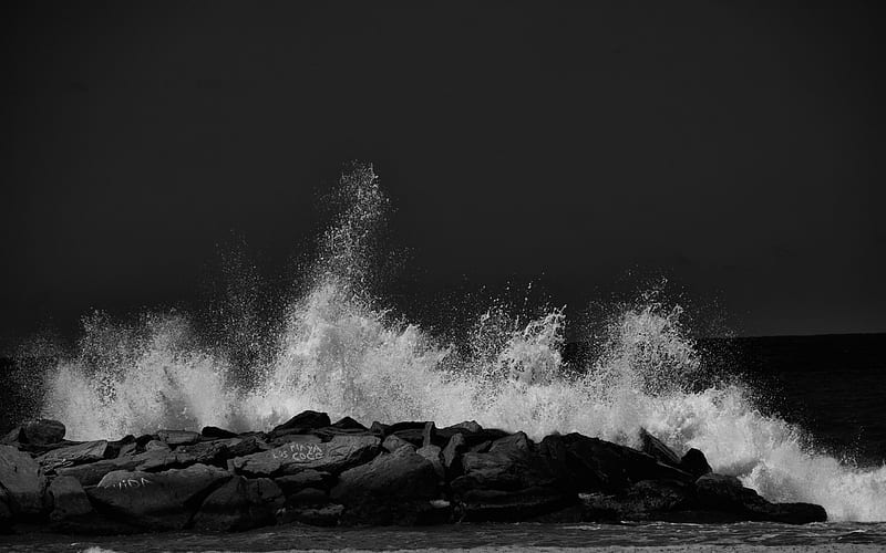 White Wave, breaking, shore, beaches, black and white, rocky, nature, bonito, waves, HD wallpaper