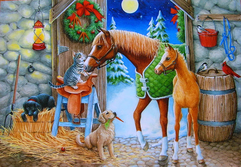 Holiday welcome, welcome, home, bonito, eve, nice, moon, light, friends, animals, dog, puppy, cozy, lovely, holiday, christmas, kitty, new year, cat, horse, winter, snow, kitten, HD wallpaper