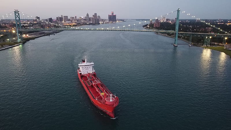 Ship on river, ambassador bridge, detroit river, drone, great lakes freighter, windsor ontario, HD wallpaper