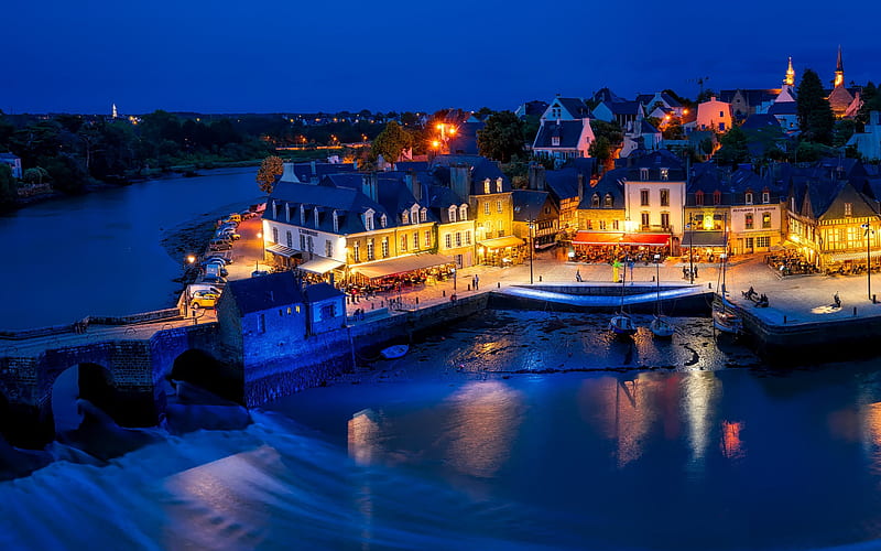 Auray, evening, sunset, cityscape, river, France, Brittany, Morbihan, HD wallpaper
