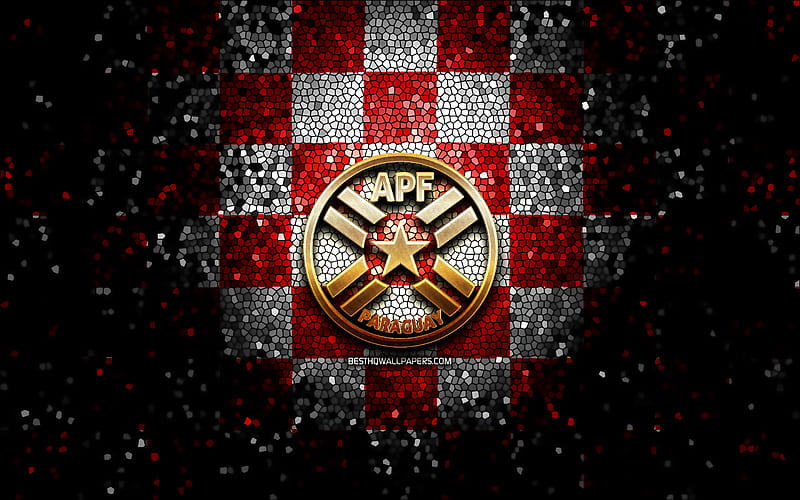 Paraguayan football team, glitter logo, Conmebol, South America, red white checkered background, mosaic art, soccer, Paraguay National Football Team, APF logo, football, Paraguay, HD wallpaper