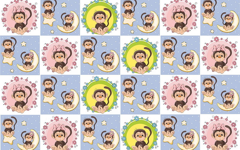 Monkey texture, pattern, 2016, moon, zodiac, yellow, monkey, moon, texture, chinese, paper, white, pink, blue, HD wallpaper