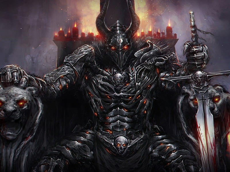 dark knight, armor, candle, arms, a horned helmet, the throne, sword, HD wallpaper