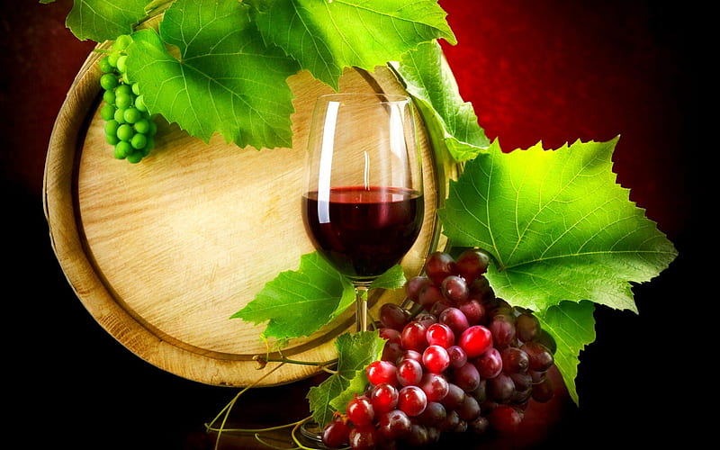 RED WINE, red, glass, grapes, leaves, wine, barrel, HD wallpaper