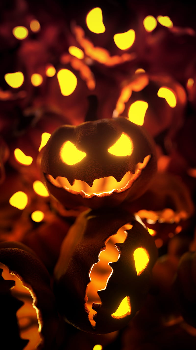 Pumpkins, 3d, carved, face, glow, halloween, horror, pumpkin, scary, trahko, HD phone wallpaper
