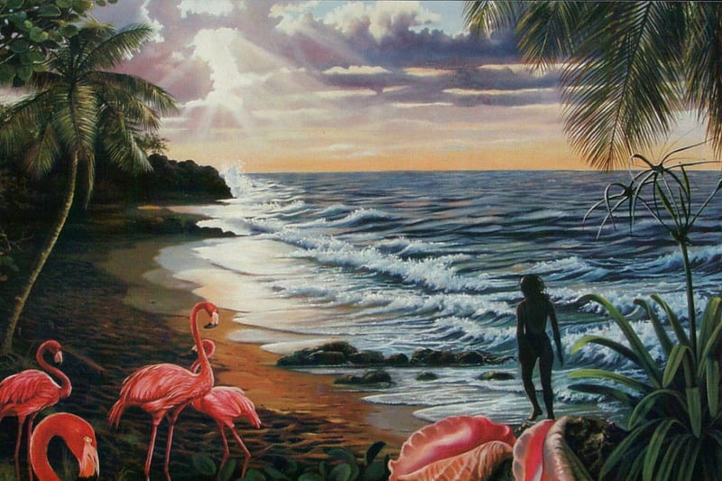 Bahama Flamingos, flamingos, beach, art, Bahamas, shells, palm trees, Nassau, HD wallpaper