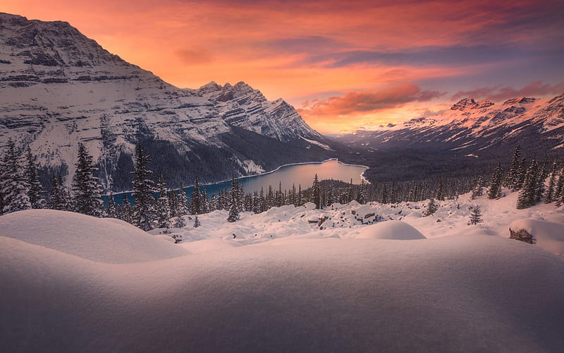 mountain lake, winter landscape, sunset, mountains, forest, snow, Montana, USA, HD wallpaper
