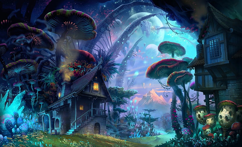 Fantasy Village, art, mushrooms, house, night, lights, HD wallpaper