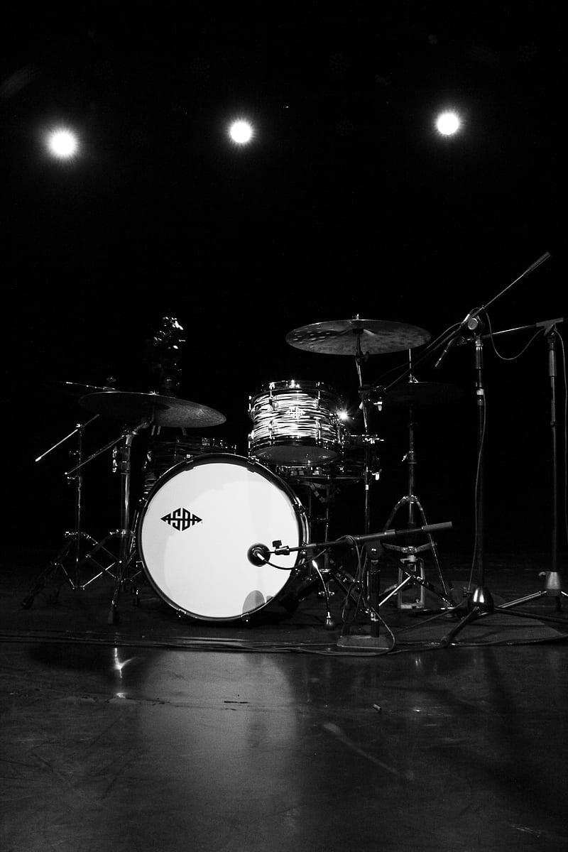 drums, drum kit, musical instrument, music, black and white, HD phone wallpaper