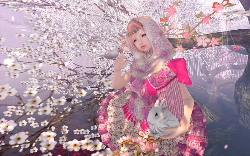 Spring, rabbit, game, tree, blossom, fantasy, girl, bird, flower, bunny, pink, HD wallpaper