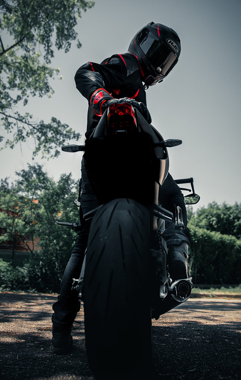 man in black leather jacket riding black motorcycle, HD phone wallpaper