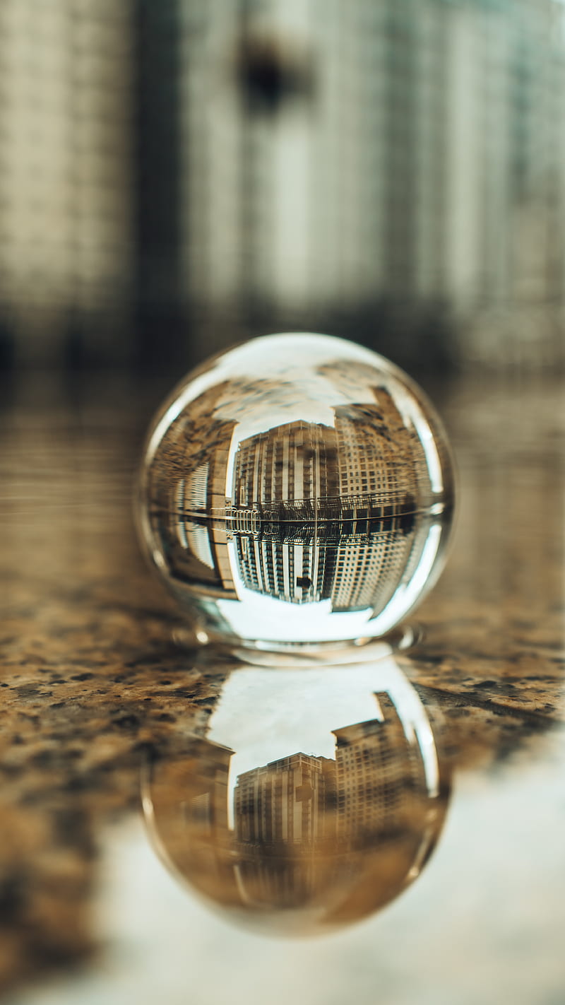 crystal ball, ball, buildings, water, reflection, HD phone wallpaper