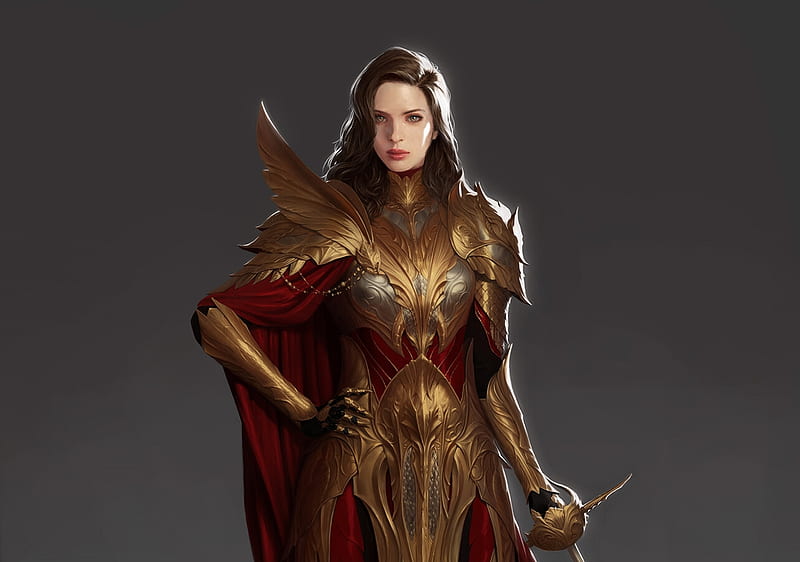 Knight in golden armor, girl, golden, armor, fantasy, kibaek lee, knight, HD wallpaper