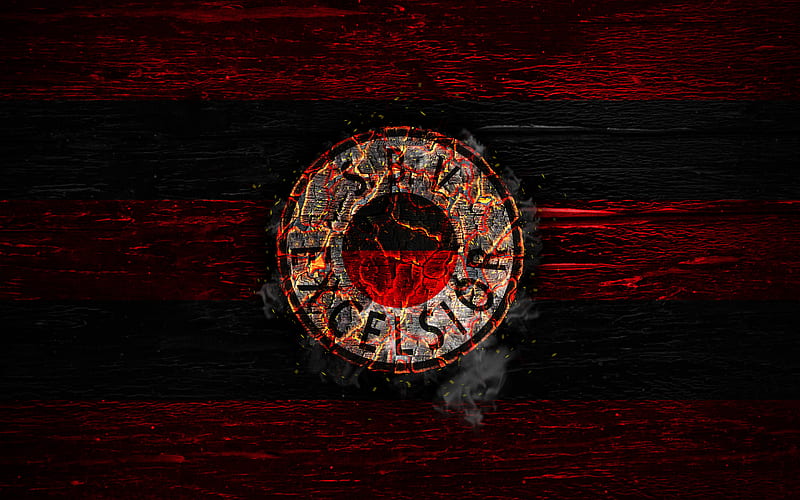 Excelsior FC, fire logo, Eredivisie, red and black white, dutch football club, grunge, football, soccer, logo, SBV Excelsior, wooden texture, Holland, Netherlands, HD wallpaper