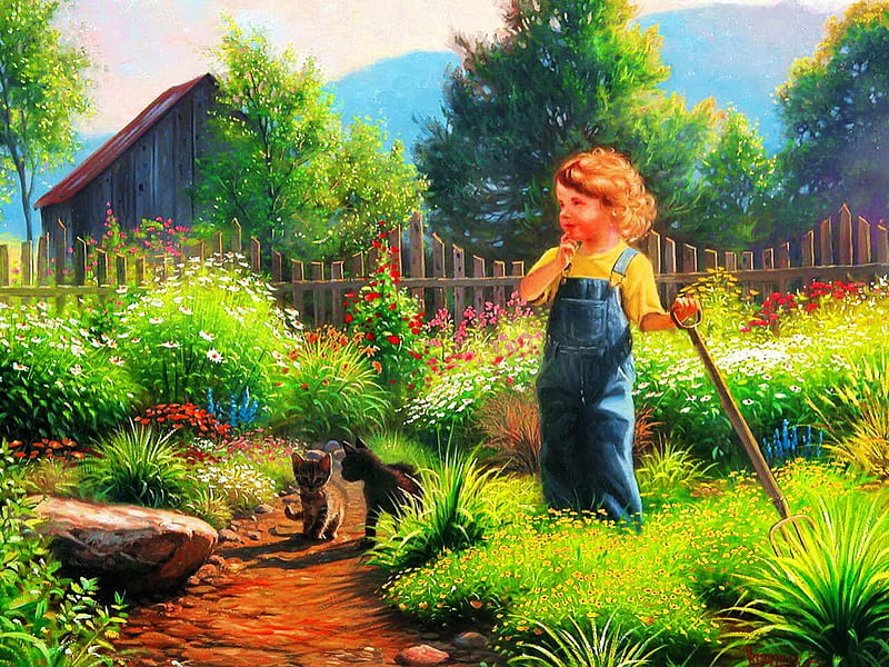 Working in the garden, fence, pretty, grass, bonito, bushes, kid, nice, painting, path, kitties, child, friends, working, art, lovely, greenery, kittens, fun, scent, joy, trees, freshness, summer, nature, work, alley, cats, worker, HD wallpaper