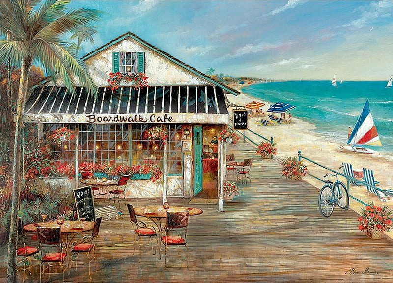 Boardwalk Cafe, house, people, bicycle, palm, sea, flag, artwork, beach, surfboard, painting, HD wallpaper