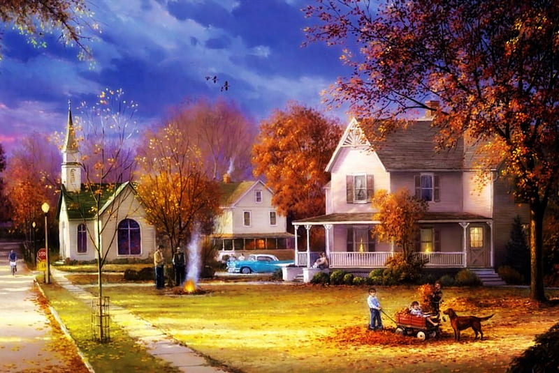 Autumn Streets, Autumn, kids raking leaves, houses, Church, HD wallpaper