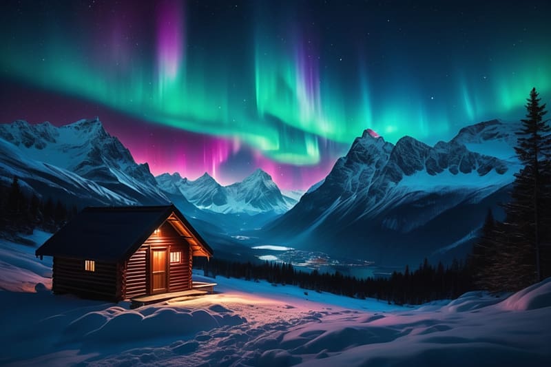 A mountain scene with aurora lights and a large hut, aurora borealis, havas taj, hegy, eszaki feny, kunyho, fak, ho, tel, HD wallpaper