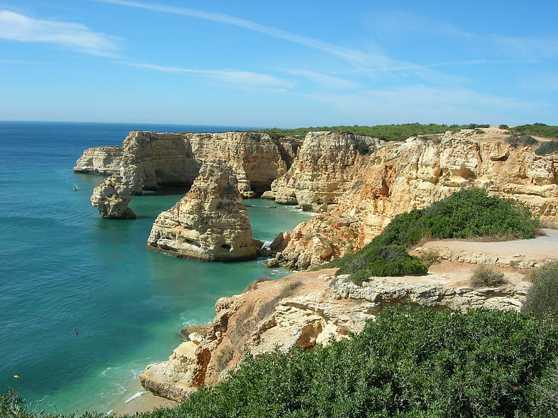 Algarve Portugal, azure, rocks, scenic, ocean, bonito, shrubs, sea, europe, sand, water, green, cliffs, vegetation, coastline, scenery, coast, HD wallpaper