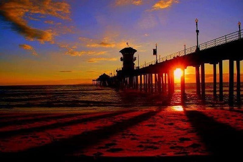 Sunset at Huntington Beach Pier, huntington beach, beach, pier, nature, sunset, HD wallpaper