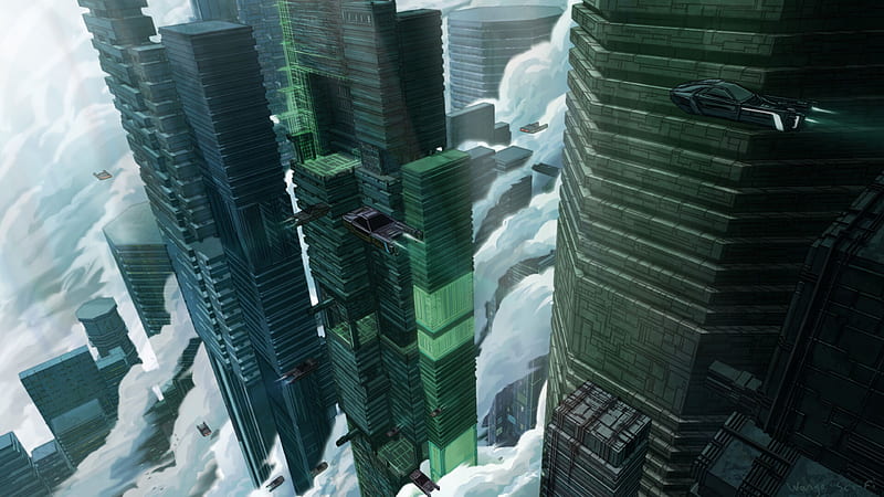 futuristic buildings, towers, flying cars, beyond the clouds, Sci-fi, HD wallpaper