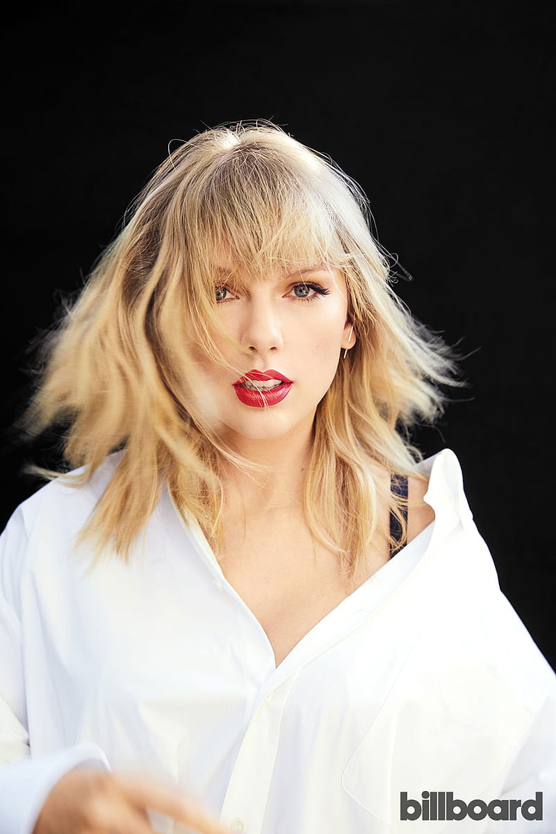 Taylor Swift, women, singer, blonde, blue eyes, red lipstick, simple background, black background, white clothing, Billboard, HD phone wallpaper