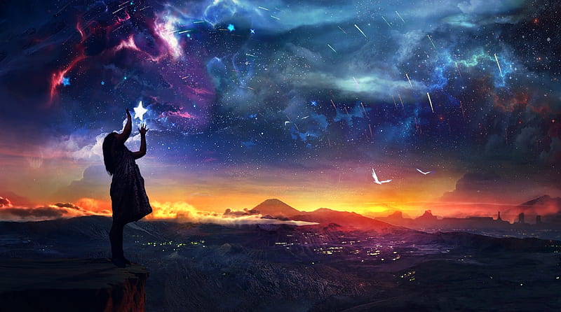 Touch the Sky, stars, colorful, birds, sky, clouds, lights, city, girl, bright, child, evening, HD wallpaper
