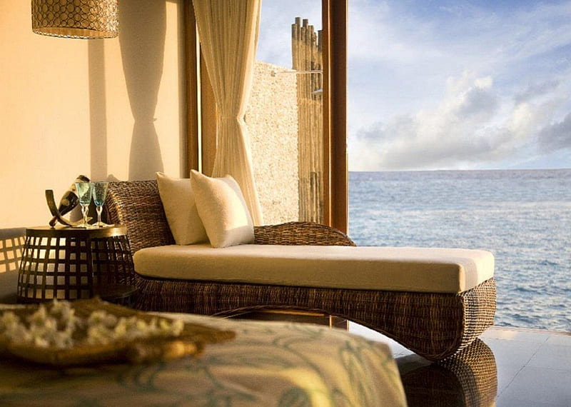 Lagoon bungalow, chic, brown, wicker, bungalow, bottle, clouds, sea, bed, lagoon, lounge, room, reflection, vacation, ocean, wine, curtains, tan, chaise lounge, relaxing, pillows, HD wallpaper