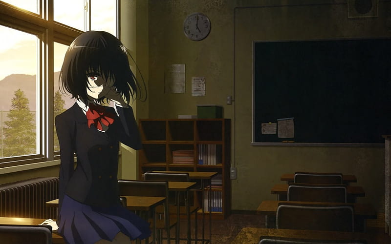 Another, Angry, bonito, Crazy, Mad, Awesome, Mean, Black Hair, Eye Patch, Amazing, Short Hair, Misaki, Pretty, Anime, Red Eyes, Sad, Manga, dark, Gorgeous, Bow, Ribbon, Sinister, Emotional, Skirt, Lovely, Upset, Uniform, Serious, Creepy, School, Medium Hair, Scary, Mei, Anime Girl, HD wallpaper