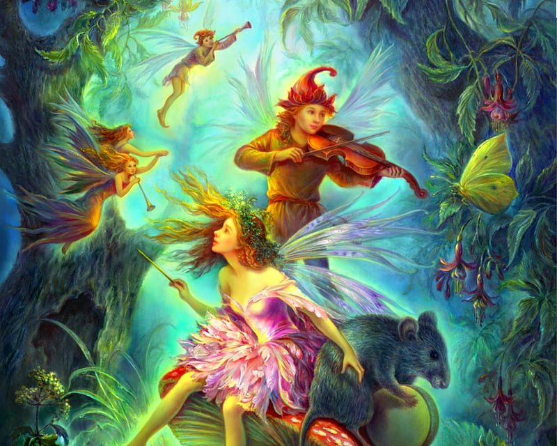 Fairies, forest, art, wings, luminos, music, nadia strelkina, cute, fantasy, butterfly, green, orchestra, pink, fairy, blue, HD wallpaper