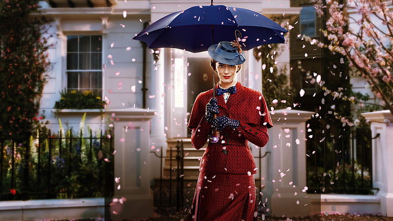 mary poppins returns, emily blunt, cherry blossom, petals, umbrella, Movies, HD wallpaper