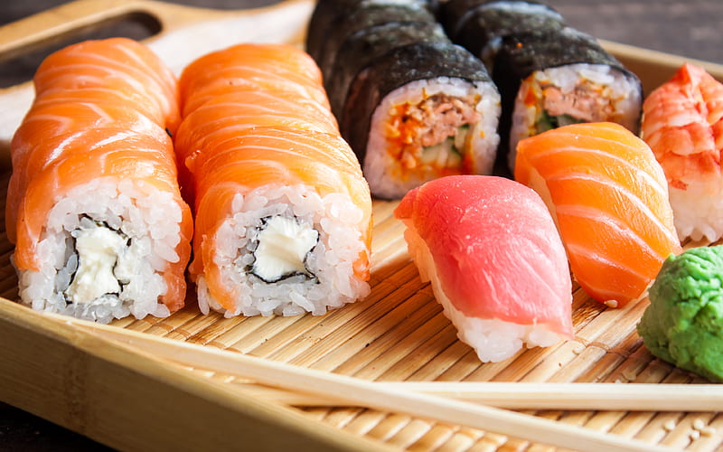 makizushi, rolls with salmon, nagiri, sushi, asian food, bokeh, fastfood, sushi set, HD wallpaper