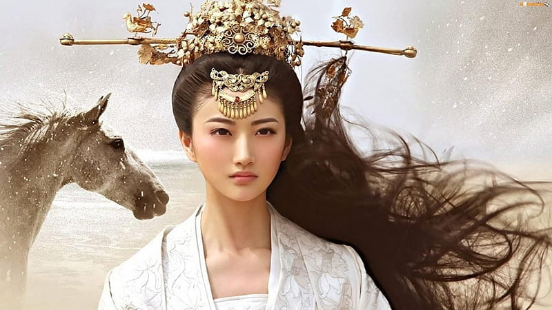 Tian Jing, girl, asian, horse, princess, woman, HD wallpaper