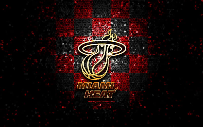 Miami Heat, glitter logo, NBA, red black checkered background, USA, american basketball team, mosaic art, basketball, America, HD wallpaper
