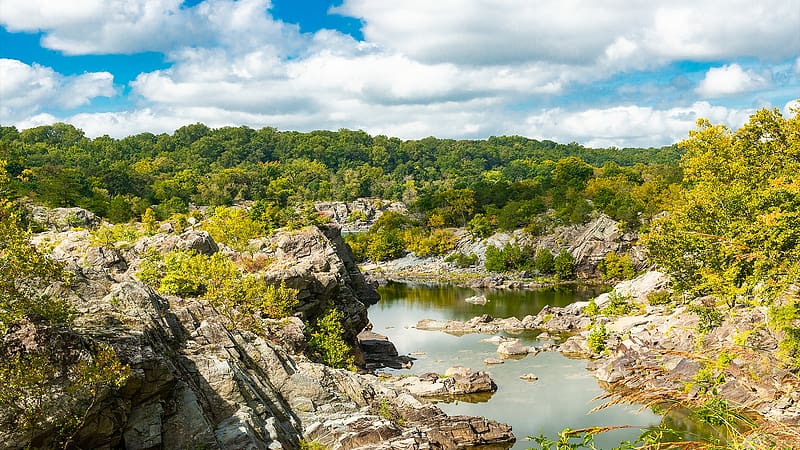 Potomac River from C&O Canal, Maryland, hills, trees, clouds, landscape, sky, rocks, stones, usa, HD wallpaper