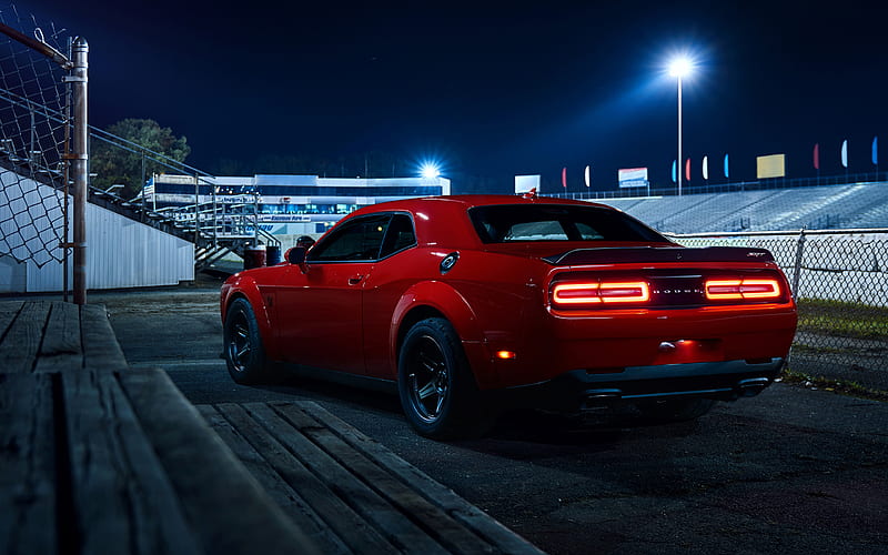 Dodge Challenger, SRT Demon, 2018, American sports car, rear view, night, red Challenger, sports coupe, Dodge, HD wallpaper