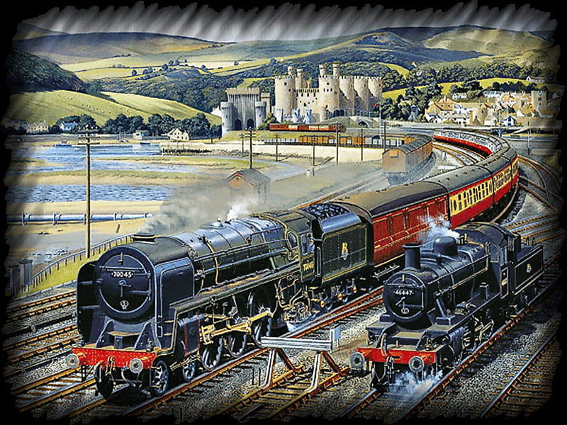 Gateway to Snowdonia - Train F2, art, barry man, trains, artwork, painting, scenery, castle, tracks, man, HD wallpaper