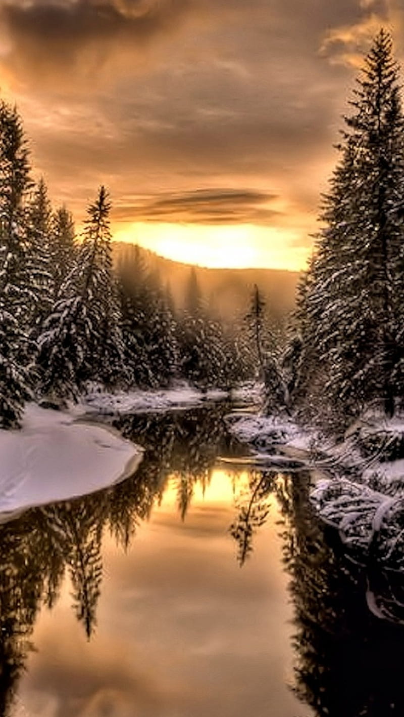 Winter Sunset, river, sky, HD phone wallpaper