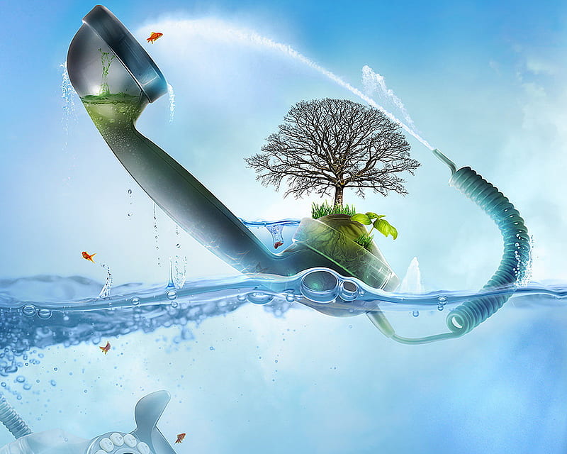 Hello World With Aquarium !!!, 3d-art, tree, light blue, fish, reciever, abstract, HD wallpaper