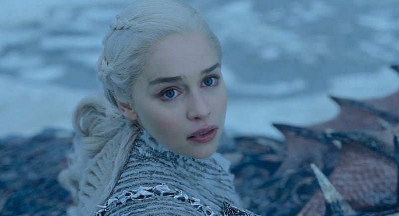 Game of Thrones 2011 - 2019, daenerys targaryen, girl, actress, emilia clarke, woman, game of thrones, blue, view from the top, looking up, tv series, HD wallpaper