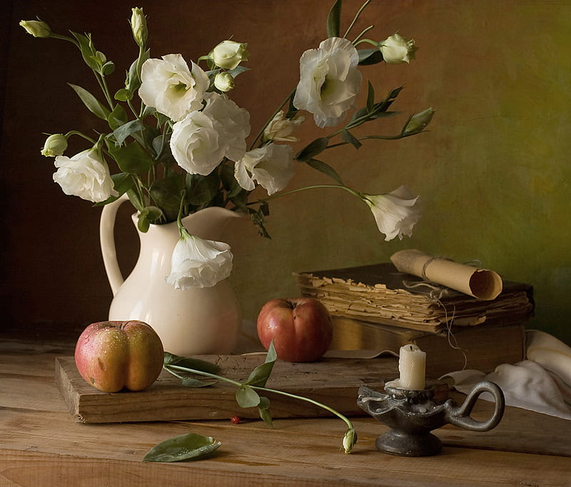 still life, books, bonito, old, fruit, candlestick, graphy, nice, flowers, harmony, apple, candle, elegantly, cool, bouquet, flower, kettle, white, HD wallpaper