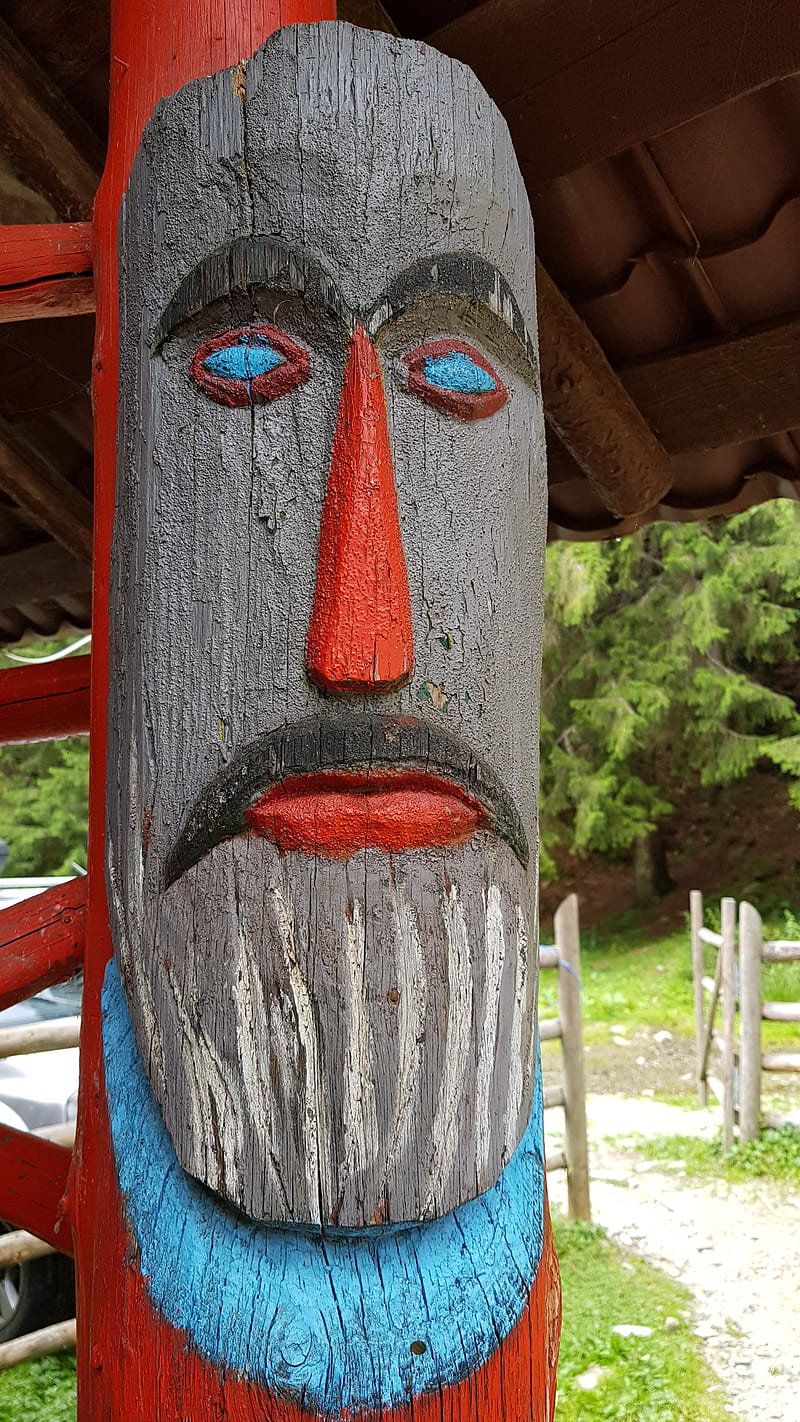 Sculptured face, color, man, nature, sculpture, summer, wood, HD phone wallpaper