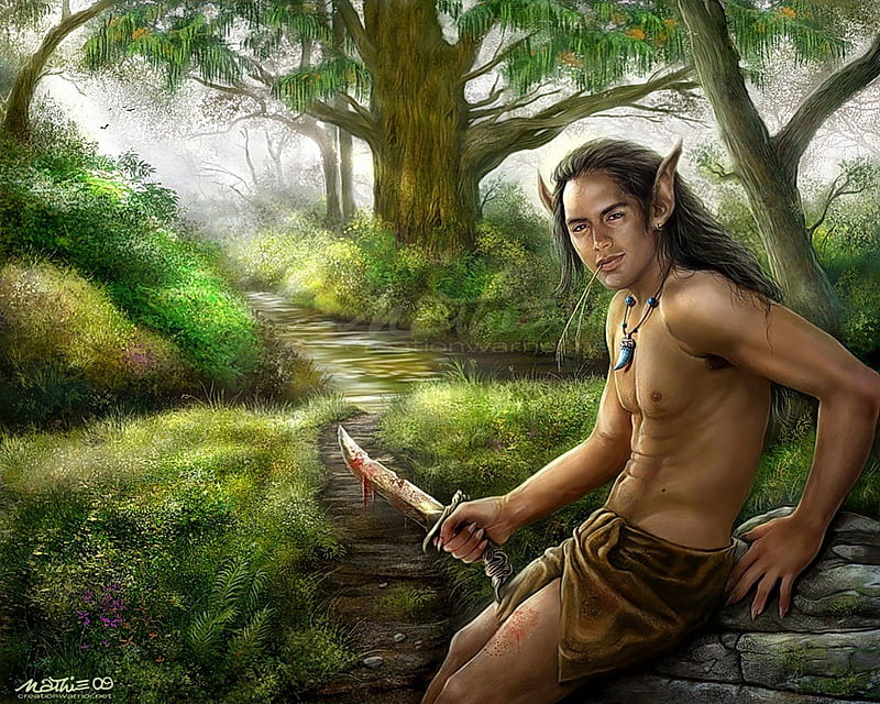 Elven Hunter, forest, male, elf, greenery, man, trees, knife, blood, fantasy, green, hunt, loin cloth, nature, bare chested, hunter, HD wallpaper