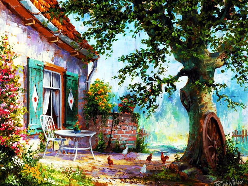 Romantic Place, table, tree, house, wheel, chair, artwork, HD wallpaper